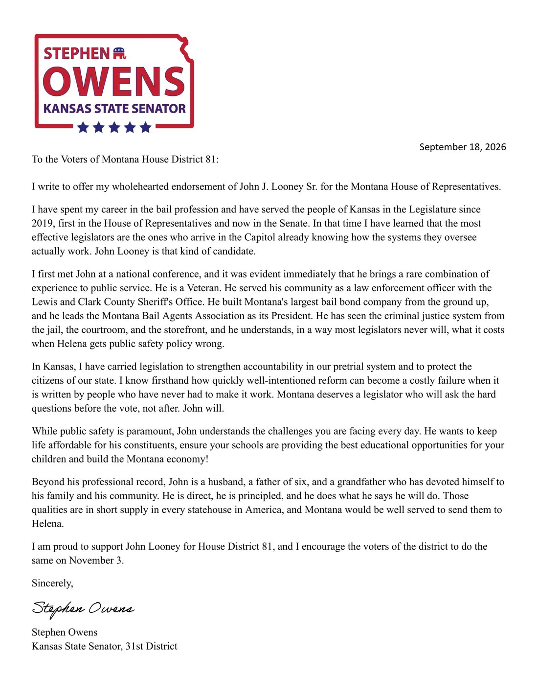 Letter of support dated September 18, 2026, from Kansas State Senator Stephen Owens to the voters of Montana House District 81, endorsing John J. Looney Sr.